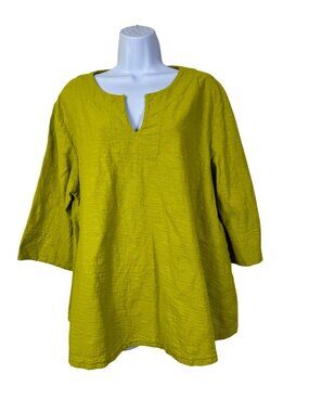 Iridium Lime Green Tunic Top Womens XL Textured 100% Cotton Lagenlook 3/4 Sleeve